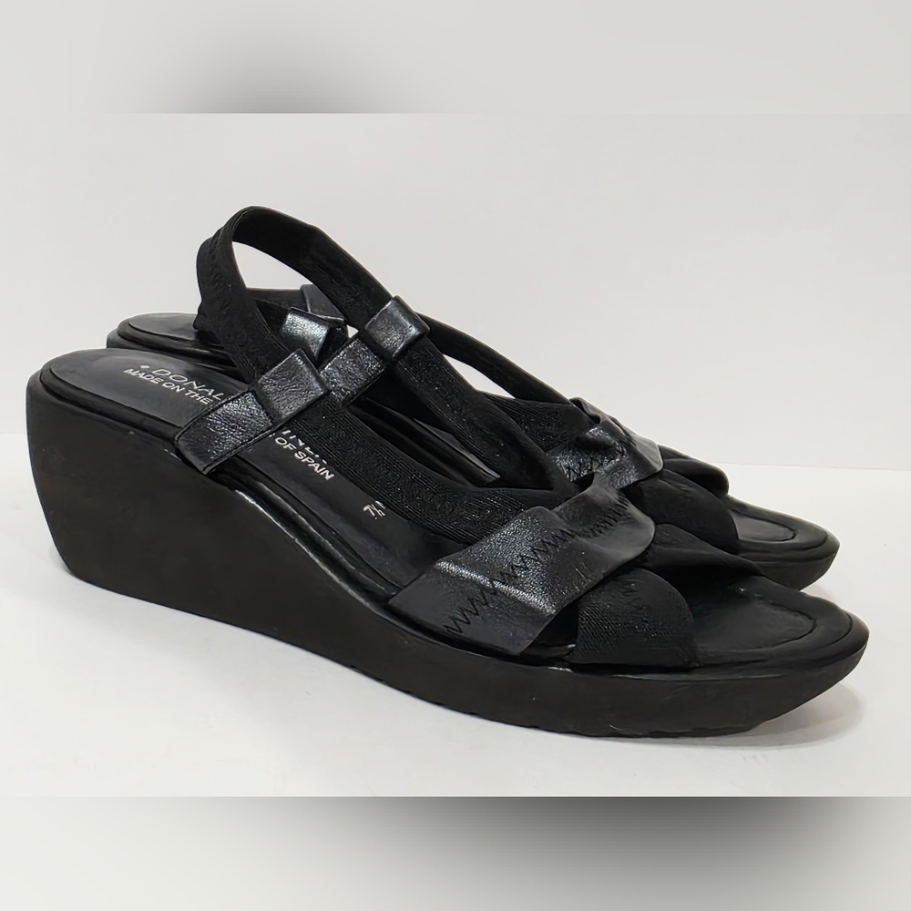 Donald J Pliner BLACK LEATHER FABRIC Slingback Platform Wedge Ankle 7.5 N Used